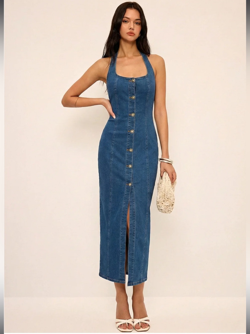 Commense Denim Button-Front Halter Maxi Dress - Blue - Picture 3 of 7
